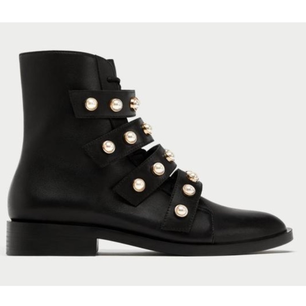 Zara Combat Faux Pearl Strap Ankle Boots - Picture 4 of 8